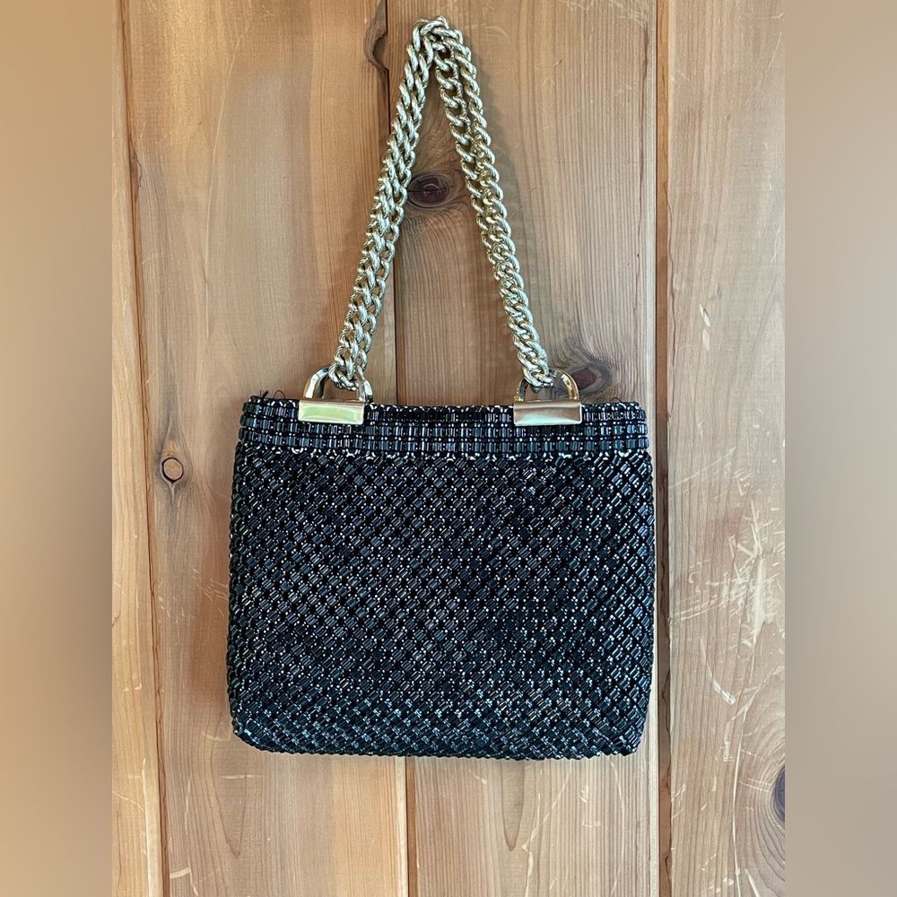Rare Vintage Whiting and Davis black mesh evening bag with vintage handkerchief